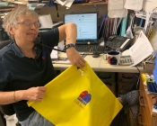 Kenna Sanders taking all the phone calls from frontline staff needing their scrub bags. #withlovex
